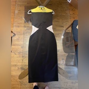 Mid- calf, high neckline, sleeveless dress